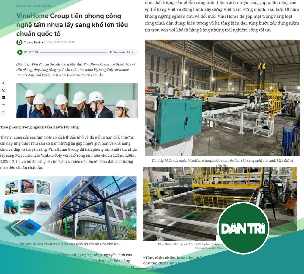 [BÁO DÂN TRÍ] VinaHome Group tiên phong công nghệ tấm nhựa lấy sáng khổ lớn tiêu chuẩn quốc tế