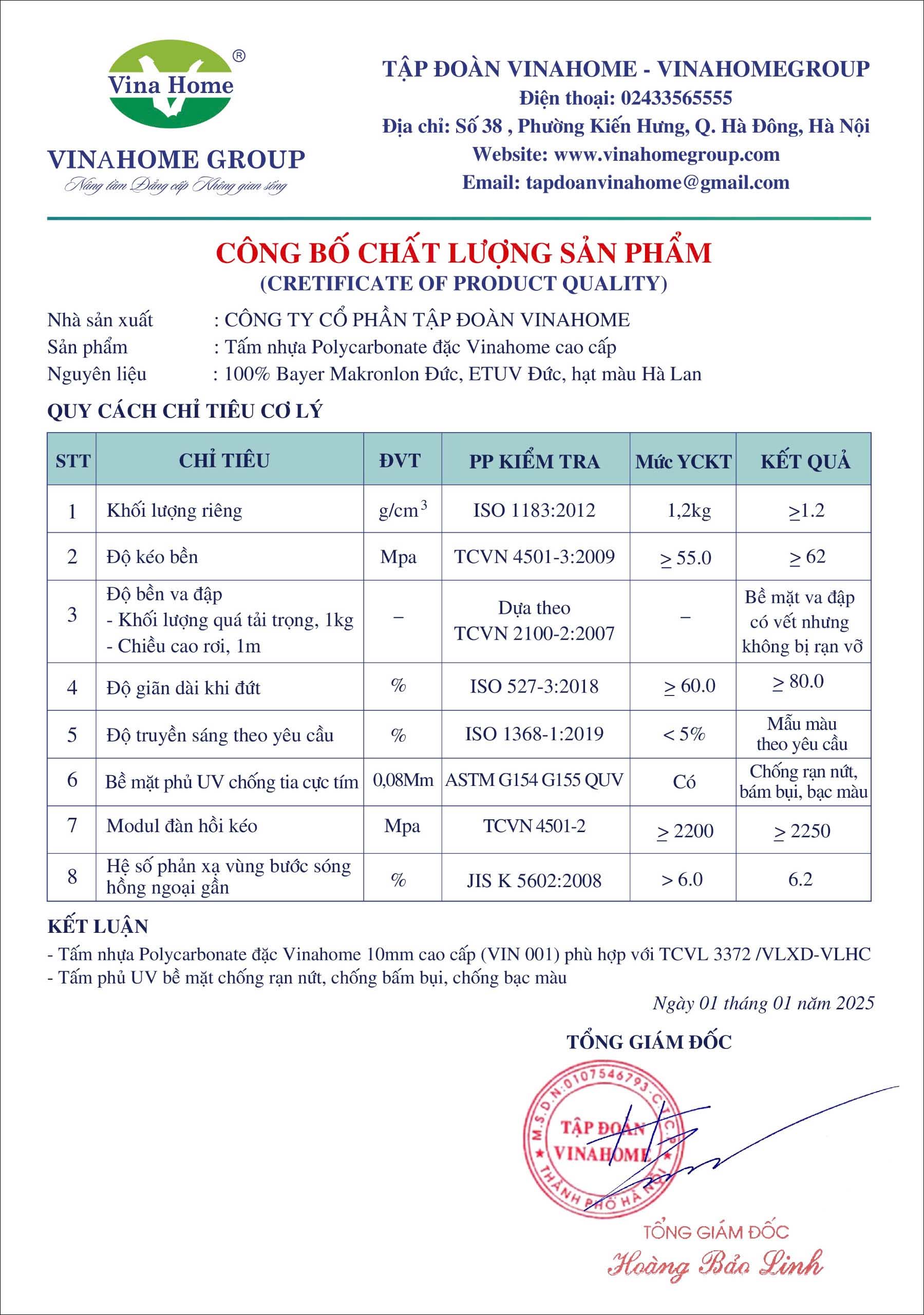 Chỉ số vật liệu tấm Polycarbonate cao cấp tại Vinahome