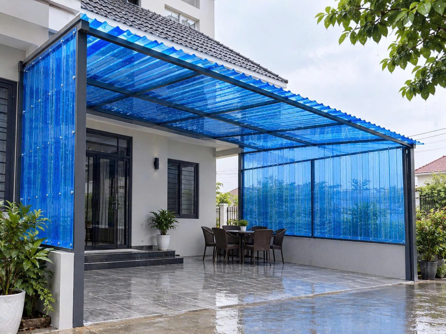 Tấm Nhựa Poly Sóng Chắn Mưa Tạt 2 Bên: Bền Bỉ, Lấy Sáng & Chống Dột Triệt Để